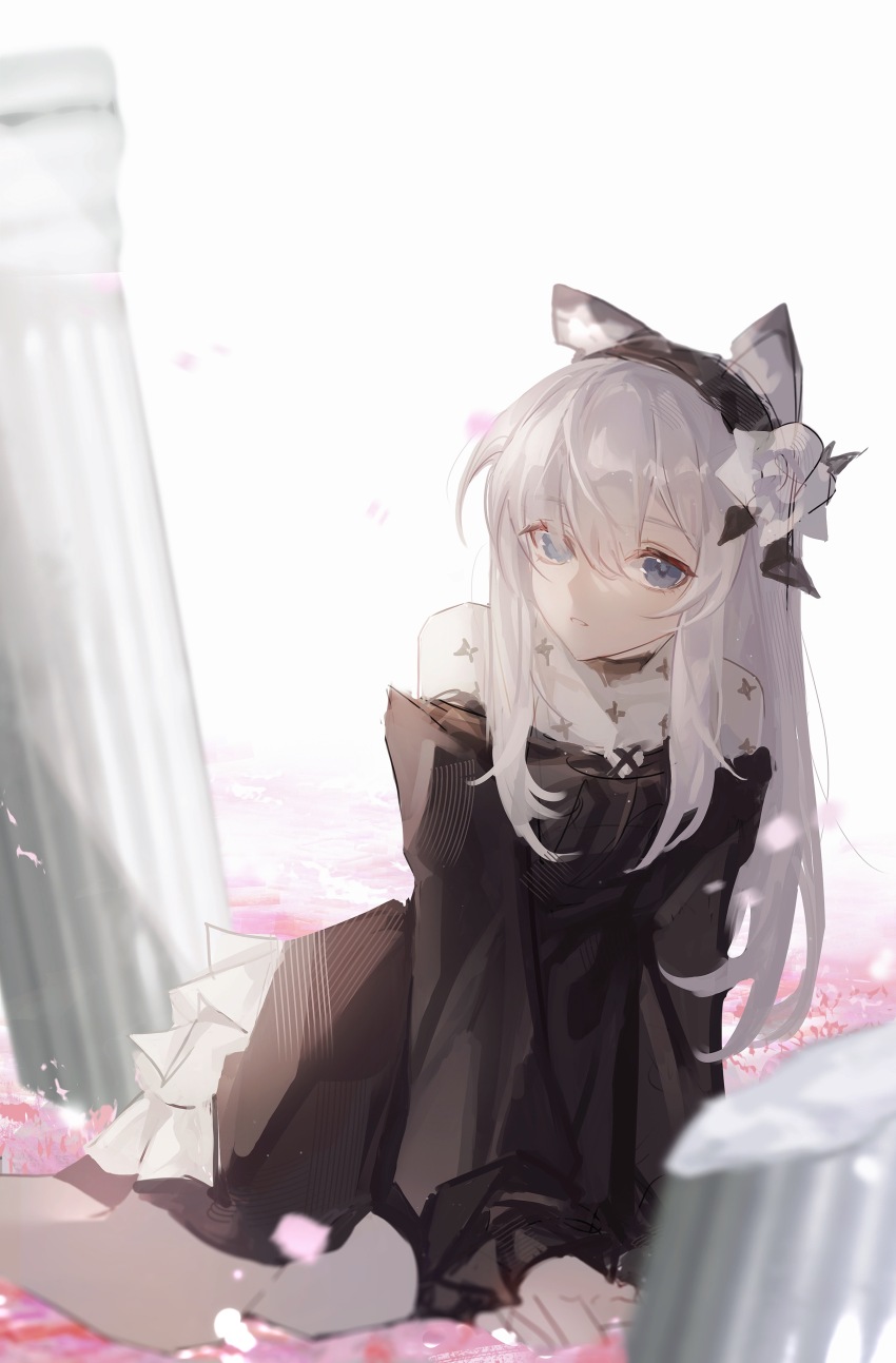 1girl, absurdres, animal_ears, arknights, arm_support, black_dress, black_hairband, blue_eyes