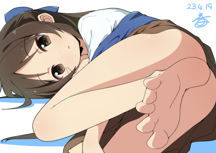 1girl, ass, barefoot, blue_shirt, bow, brown_eyes, brown_hair, brown_skirt, convenient_censoring, convenient_leg, feet, hair_bow, highres, idolmaster, idolmaster_cinderella_girls, idolmaster_cinderella_girls_u149, legs, long_hair, looking_at_viewer, lying, nekokan-nekokan, off_shoulder, on_side, ribbon, shirt, skirt, soles, solo, tachibana_arisu, thighs, toes, white_shirt