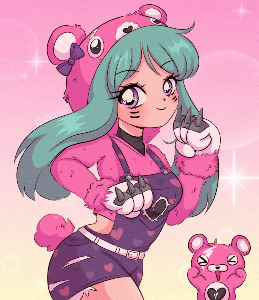1990s_(style), 1girl, animal_hood, bear_hood, belt, blush, breasts, broken_heart, bubble_background, chellyko, claw_(weapon), cuddlebear_cutie, epic_games, facepaint, fortnite, gloves, green_hair, heart, heart_in_eye, heart_print, highres, hood, hoodie, long_hair, long_sleeves, looking_at_viewer, medium_breasts, overalls, pink_background, pink_hoodie, purple_eyes, purple_overalls, retro_artstyle, smile, sparkle, standing, stuffed_animal, stuffed_toy, syd_(fortnite), symbol_in_eye, tail, teddy_bear, weapon, weighted_spikegloves, white_belt, white_gloves