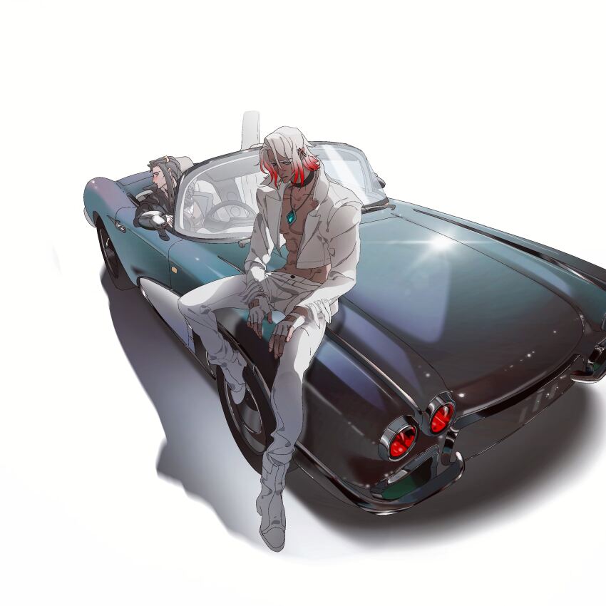 2boys, absurdres, alternate_costume, black_jacket, blue_eyes, car, cigarette, demon, demon_boy, dissonance_of_pentakill_viego, fingerless_gloves, gloves, grey_hair, highres, jacket, jewelry, league_of_legends, long_hair, long_sleeves, looking_at_viewer, looking_to_the_side, male_focus, motor_vehicle, multicolored_hair, multiple_boys, necklace, on_car, open_clothes, open_jacket, orillkri, pants, pentakill_(league_of_legends), red_hair, short_hair, simple_background, sitting, thresh_(league_of_legends), two-tone_hair, unbound_thresh, viego_(league_of_legends), white_background, white_footwear, white_hair, white_jacket, white_pants