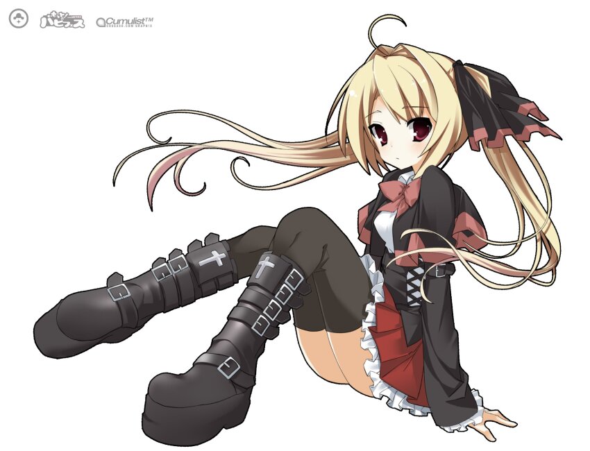 1girl, ahoge, belt_boots, black_boots, black_capelet, black_socks, black_thighhighs, blonde_hair