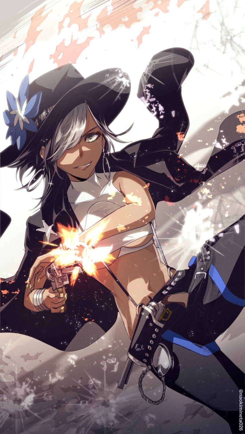 1girl, belt_buckle, black_hair, black_hat, black_pants, bracelet, breasts, buckle