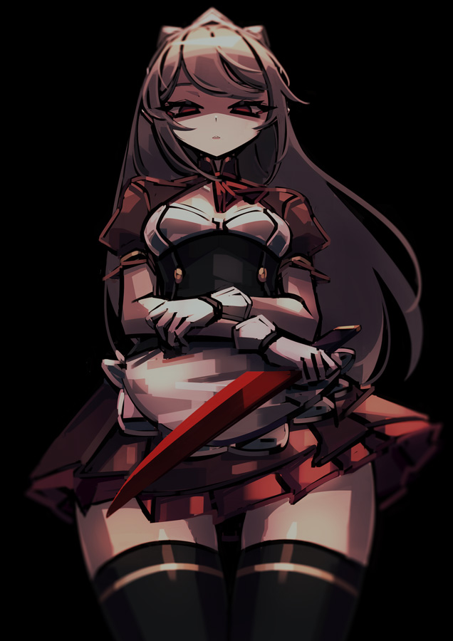 1girl, apron, ascot, black_background, black_corset, black_thighhighs, blurry, breasts