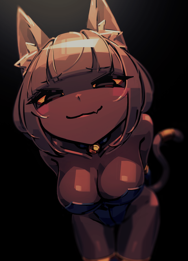 1girl, :3, animal_collar, animal_ear_fluff, animal_ears, bare_shoulders, bell, bent_over, black_background, black_eyes, blue_choker, blue_leotard, blunt_bangs, blurry, blush, breasts, brown_hair, cat_ears, cat_girl, cat_tail, chaser_(phantom_rose), choker, cleavage, closed_mouth, collar, colored_sclera, commentary, cowboy_shot, dark-skinned_female, dark_skin, depth_of_field, fang, half-closed_eyes, jewelry, jingle_bell, large_breasts, leotard, looking_at_viewer, makaroll, neck_bell, no_pupils, phantom_rose, short_hair, sidelocks, simple_background, skin_fang, smile, solo, standing, strapless, strapless_leotard, tail, thigh_gap, thighlet, yellow_sclera