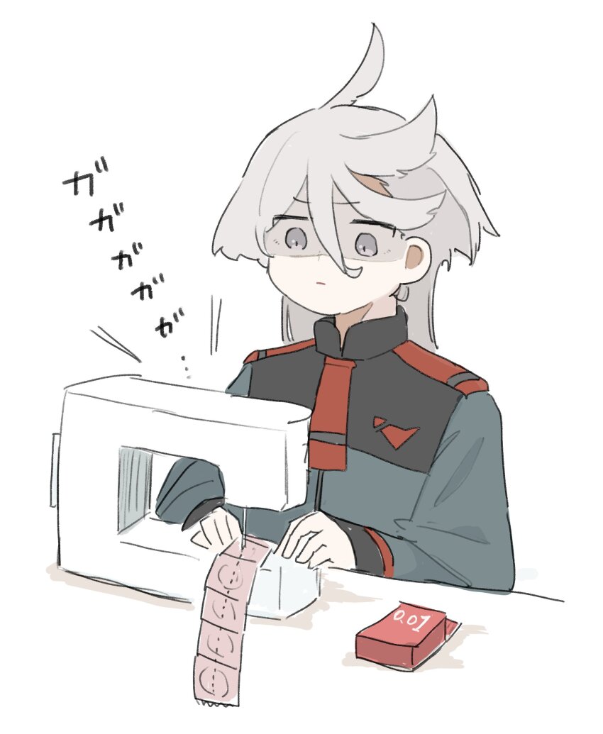 1girl, absurdres, ahoge, asticassia_school_uniform, closed_mouth, condom, condom_box, green_jacket, grey_eyes, grey_hair, gundam, gundam_suisei_no_majo, hair_between_eyes, hamu_(hamusand), highres, jacket, long_hair, long_sleeves, miorine_rembran, sabotaged_condom, school_uniform, sewing_machine, shaded_face, simple_background, solo, sound_effects, white_background