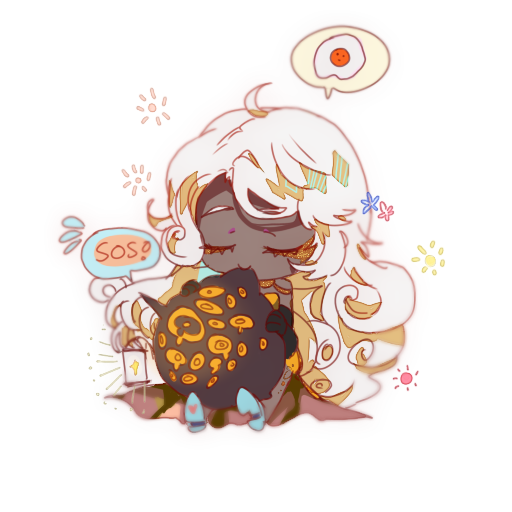 1girl, big_bird_(project_moon), blue_shoes, closed_eyes, commentary, dark-skinned_female, dark_skin, dress, egg_(food), food, holding, holding_lantern, king_of_greed, lantern, lobotomy_corporation, long_hair, project_moon, shoes, sitting, smile, sos, speech_bubble, spoken_object, untranslatable_commentary, white_hair, ye_yingmu_yin, yellow_dress