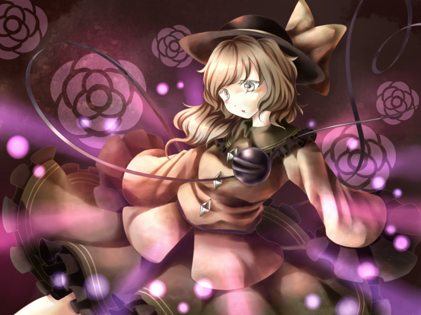 1girl, bow, female_focus, flower, frills, green_eyes, grey_hair, hat