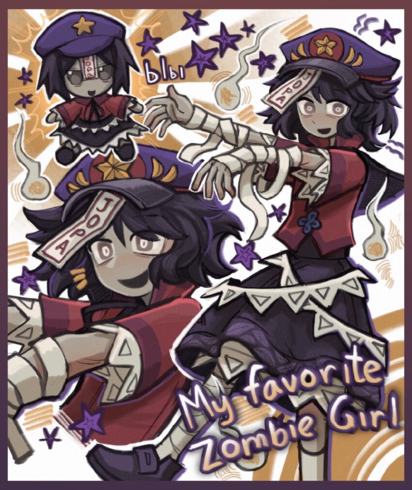 1girl, bandaged_arm, bandages, black_eyes, black_hair, black_ribbon, black_skirt, blush