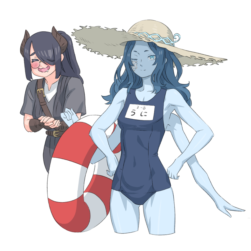 2girls, alternate_costume, black_dress, black_hair, blue_eyes, blue_hair, blue_one-piece_swimsuit, blue_skin