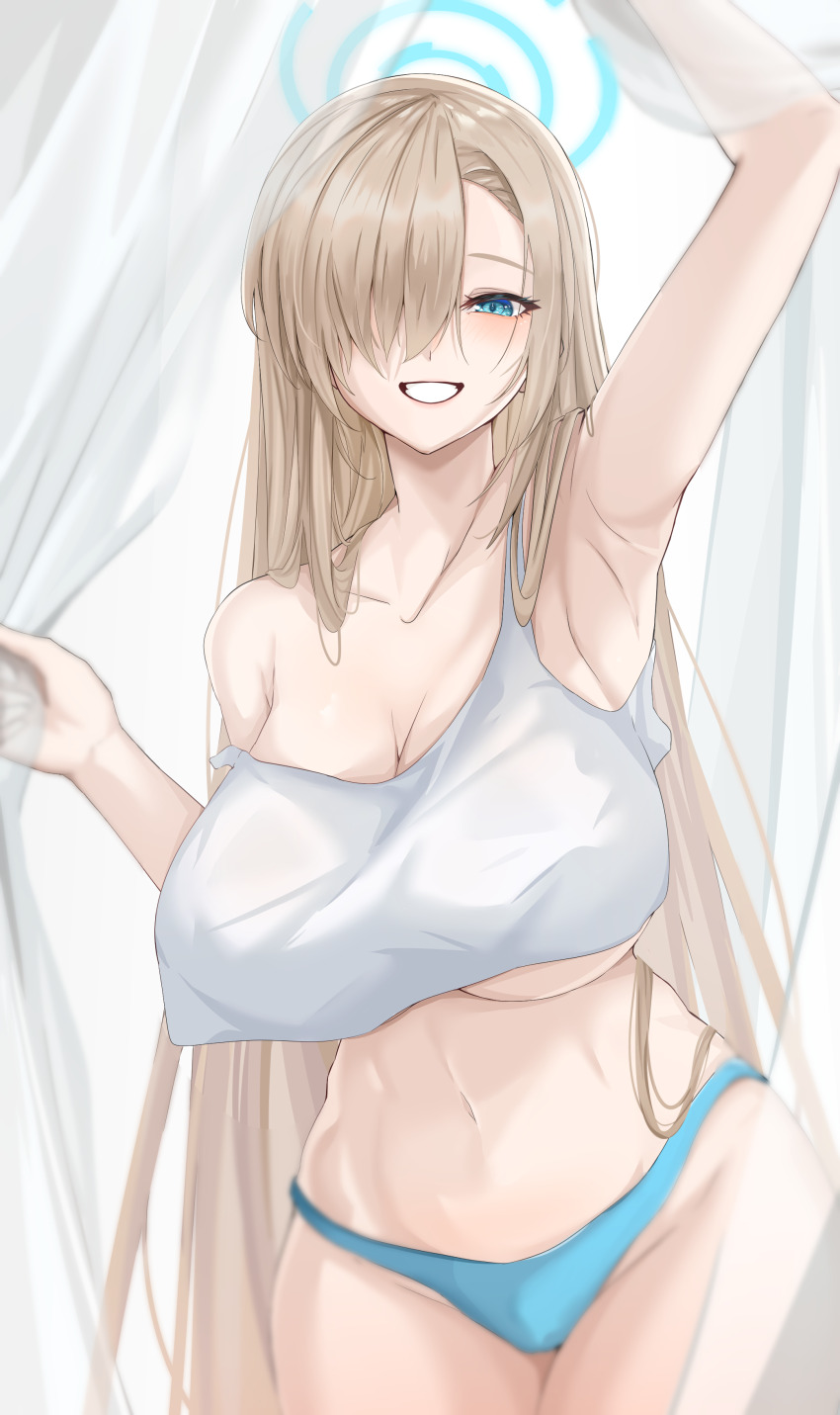 1girl, absurdres, asuna_(blue_archive), bare_shoulders, blue_archive, blue_eyes, blue_panties, blush