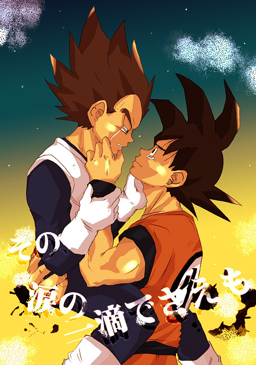 2boys, bad_id, bad_pixiv_id, black_hair, clothes_writing, comic, dragon_ball, dragonball_z
