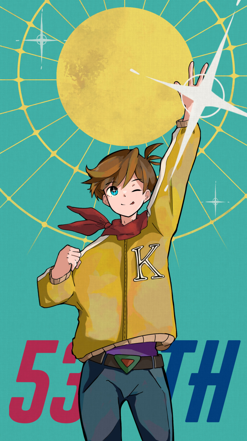 1boy, :p, absurdres, arm_up, bandana, belt, blue_eyes, blue_pants, brown_belt, brown_hair, chargeman_ken!, closed_mouth, commentary_request, cowboy_shot, glint, hair_between_eyes, haruno_akichi, highres, izumi_ken, jacket, letterman_jacket, long_bangs, long_sleeves, male_focus, one_eye_closed, pants, red_bandana, short_hair, smile, solo, tongue, tongue_out, yellow_jacket