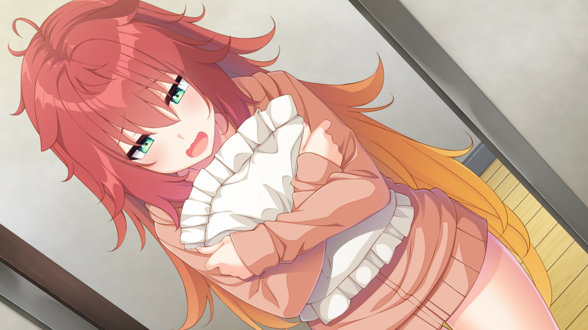 1girl, ahoge, blush, cushion, cushion_grab, dutch_angle, embarrassed, eyebrows_hidden_by_hair