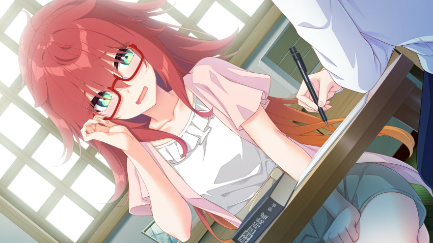 1girl, adjusting_eyewear, ahoge, blush, book, breasts, day, embarrassed, eyebrows_hidden_by_hair, frills, game_cg, glasses, go-1, green_eyes, hair_between_eyes, highres, hooksoft, indoors, koi_ni_wa_amae_ga_hitsuyou_desu, legs, light_rays, long_hair, messy_hair, open_mouth, original, red-framed_eyewear, red_hair, semi-rimless_eyewear, shishikura_ooga, sitting, small_breasts, studying, table, thighs, writing
