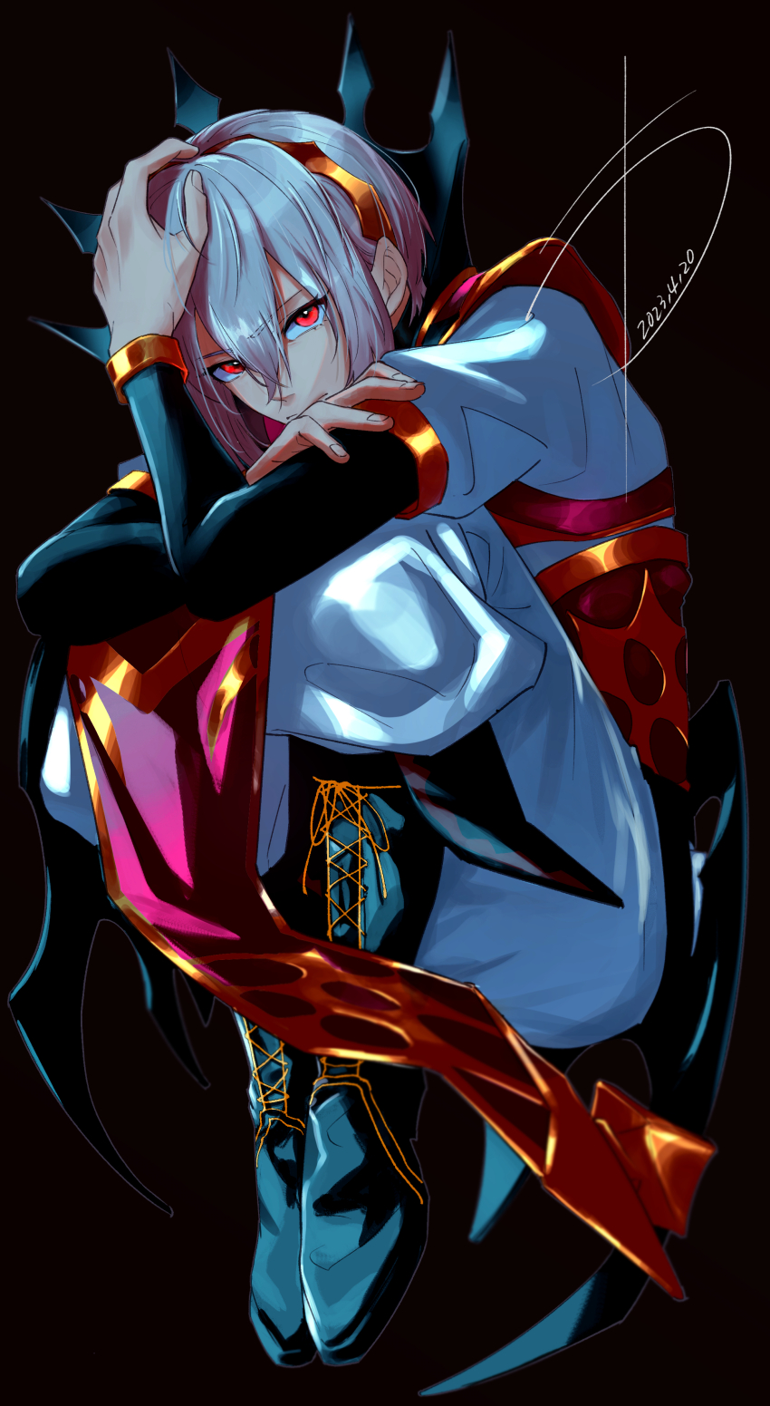 1boy, absurdres, black_background, boots, fire_emblem, fire_emblem_engage, full_body, gold_trim