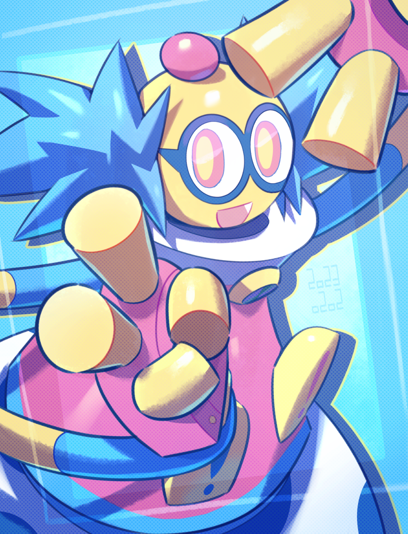 1boy, blue_hair, colorman.exe, commentary_request, looking_at_viewer, male_focus, mega_man_(series), mega_man_battle_network, mega_man_battle_network_(series), mega_man_battle_network_1, multicolored_eyes, open_mouth, red_eyes, solo, tsuchibori, v, yellow_eyes