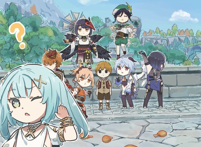 3boys, 5girls, aqua_hair, black_hair, blonde_hair, blue_hair, bracelet, bridge