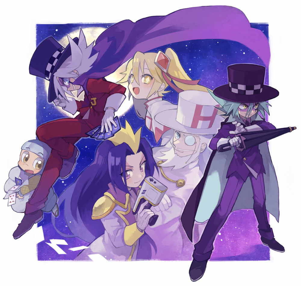 1girl, 5boys, ace_(playing_card), ace_of_hearts, beard, black_footwear, black_headwear, black_umbrella