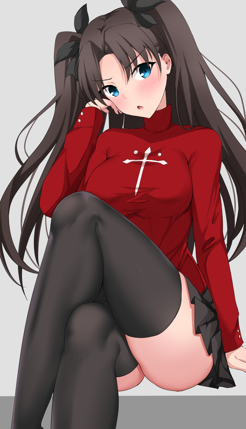 1girl, absurdres, alternate_breast_size, black_bow, black_hair, black_skirt, black_thighhighs, blue_eyes, blush, bow, breasts, brown_hair, cross, crossed_legs, elbow_rest, fate/stay_night, fate_(series), grey_background, hair_bow, head_rest, head_tilt, highres, kirikan_(cokekiri), large_breasts, latin_cross, legs, long_hair, long_sleeves, looking_at_viewer, miniskirt, open_mouth, pleated_skirt, print_shirt, red_shirt, shirt, sitting, skirt, solo, thighhighs, thighs, tohsaka_rin, turtleneck, two_side_up, v-shaped_eyebrows, zettai_ryouiki
