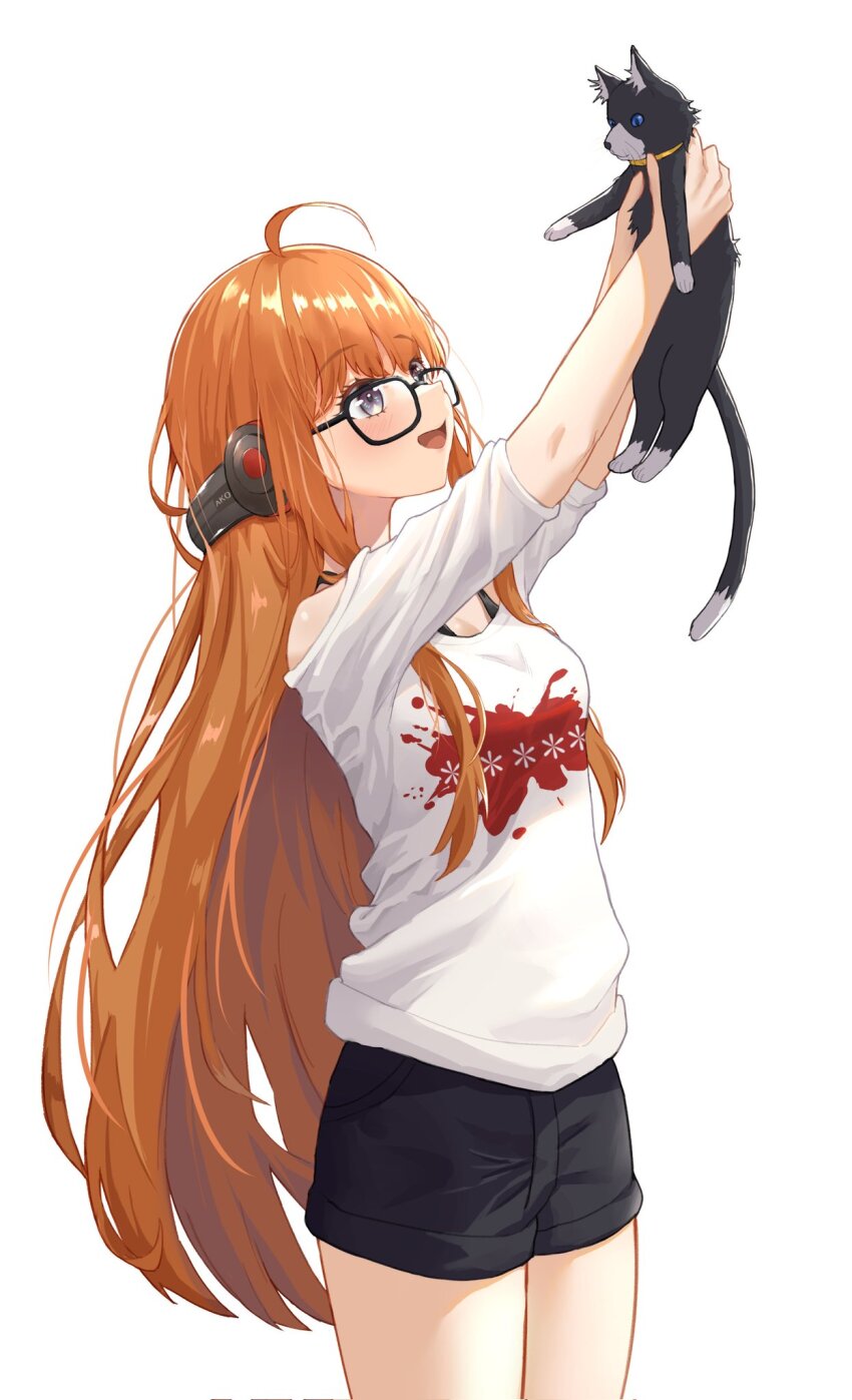 1girl, :d, ahoge, alternate_eye_color, animal, arms_up, ayloss, behind-the-head_headphones