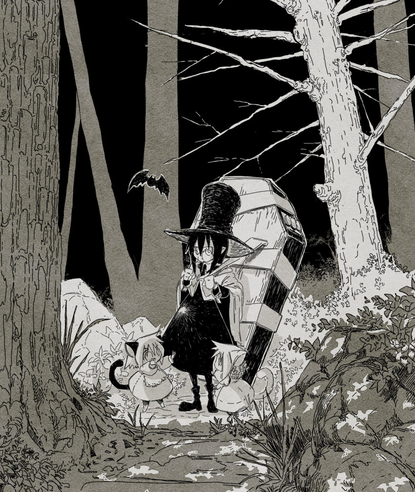 3girls, animal_ears, artist_request, black_hair, coat, coffin, forest, glasses