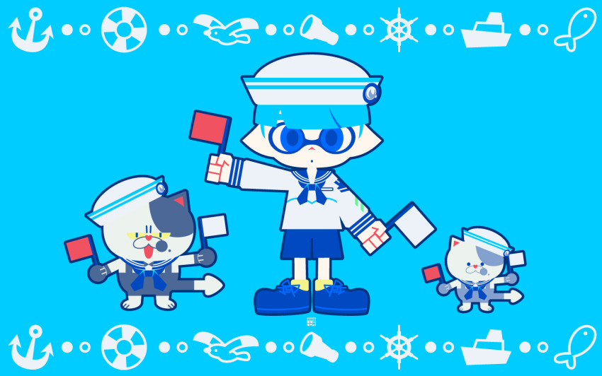 1boy, :o, anchor, bird, blue_background, blue_eyes, blue_footwear, blue_sailor_collar