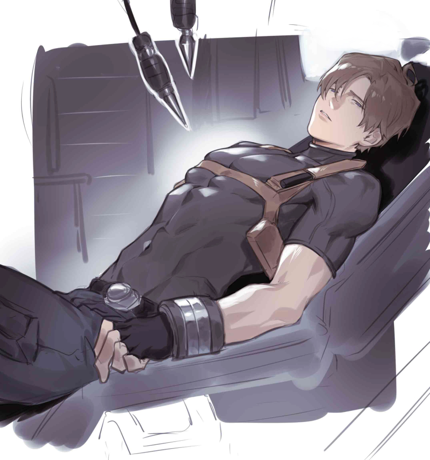 1boy, bed_straps, brown_hair, curtained_hair, fingerless_gloves, gloves, gurney, half-closed_eyes