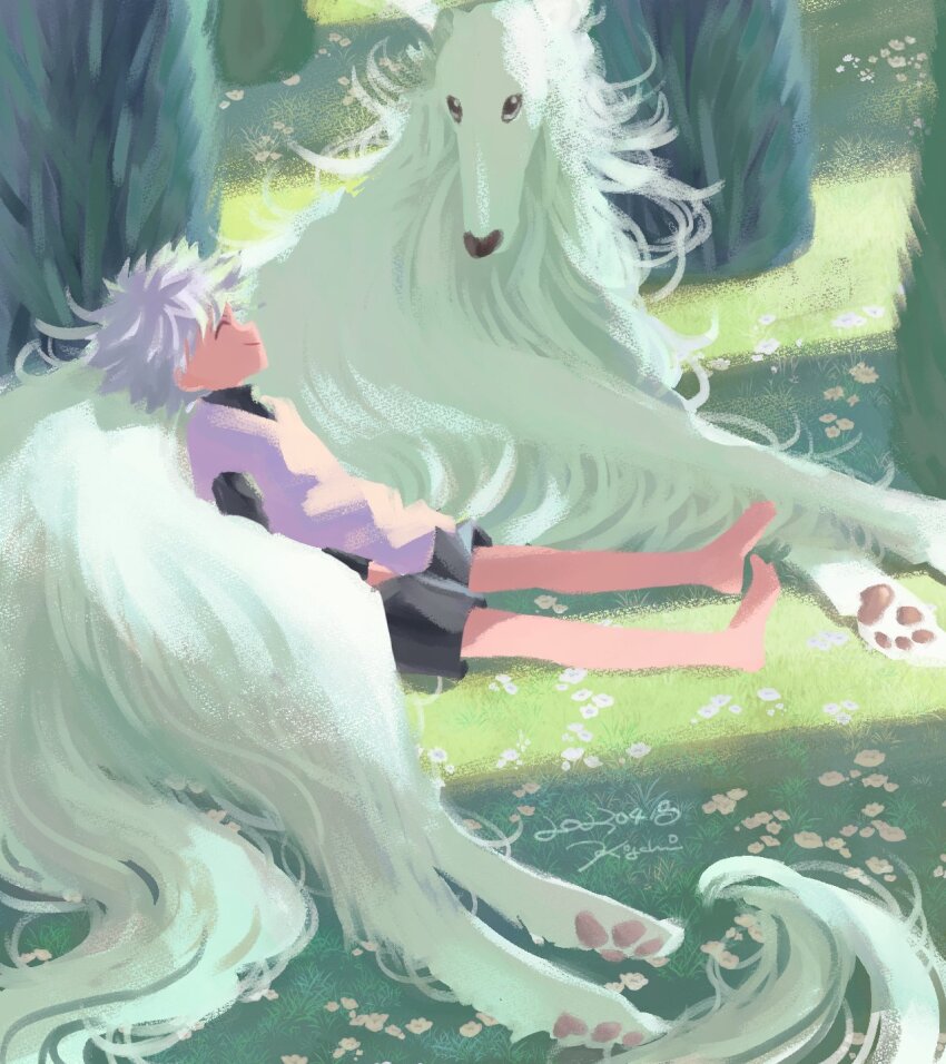 1boy, barefoot, black_shorts, child, closed_eyes, dog, flower, grass