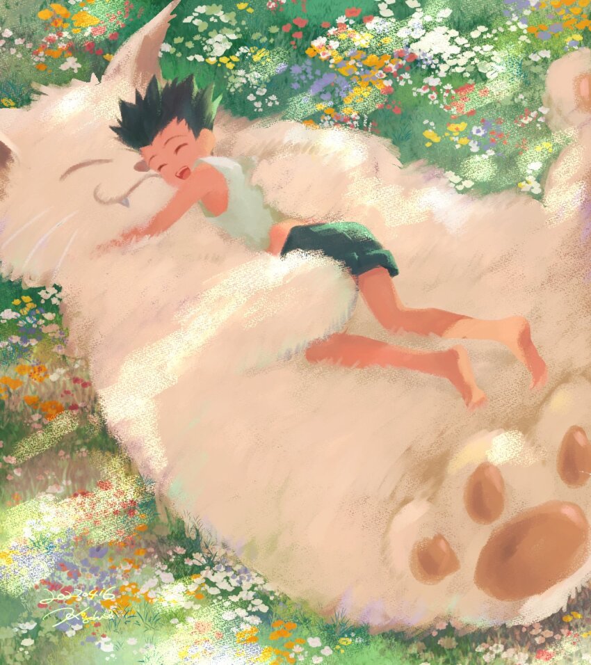 1boy, barefoot, child, closed_eyes, creature, fang, field, flower