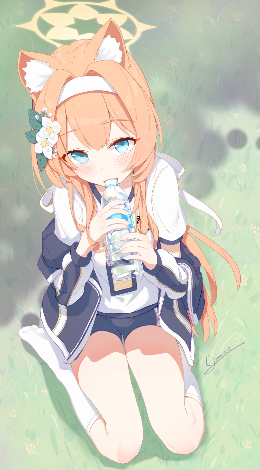 1girl, 4ba_nana, absurdres, animal_ear_fluff, animal_ears, blue_archive, blue_eyes, blush, bottle, commentary, dated, fellatio, flower, fox_ears, fox_girl, from_above, full_body, grass, gym_shirt, gym_shorts, hair_flower, hair_ornament, hairband, halo, highres, holding, holding_bottle, id_card, jacket, jacket_partially_removed, kneehighs, long_sleeves, looking_at_viewer, mari_(blue_archive), mari_(track)_(blue_archive), official_alternate_costume, on_ground, open_mouth, oral, orange_hair, sexually_suggestive, shirt, short_shorts, short_sleeves, shorts, simulated_fellatio, sitting, socks, solo, track_jacket, wariza, water_bottle, white_hairband, white_shirt, white_socks, yellow_halo