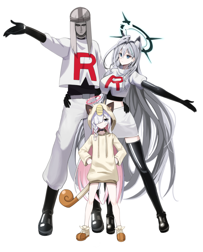 1boy, 2girls, ahoge, alternate_costume, animal_costume, animal_ear_fluff, animal_ears, black_choker, black_footwear, black_gloves, blue_archive, blue_eyes, boots, braid, broken_halo, cat_costume, choker, colored_inner_hair, commentary_request, cosplay, cross_hair_ornament, elbow_gloves, facial_mark, full_body, gen_1_pokemon, gloves, grey_hair, hair_between_eyes, hair_ornament, hair_over_one_eye, halo, hand_on_another's_hip, hands_on_own_hips, height_difference, highres, hood, hooded_sweater, james_(pokemon), james_(pokemon)_(cosplay), jessie_(pokemon), jessie_(pokemon)_(cosplay), jetihyeon, long_hair, long_sleeves, looking_at_viewer, meowth, meowth_(cosplay), mismatched_pupils, multicolored_hair, multiple_girls, nintendo, pencil_skirt, phrenapates_(blue_archive), plana_(blue_archive), pokemon, pokemon_(anime), shiroko_terror_(blue_archive), sidelocks, simple_background, single_braid, size_difference, skirt, standing, stomach, sweater, team_rocket, team_rocket_uniform, thigh_boots, thighhighs, two-tone_hair, whisker_markings, white_background, white_hair, wolf_ears, wolf_girl, zettai_ryouiki