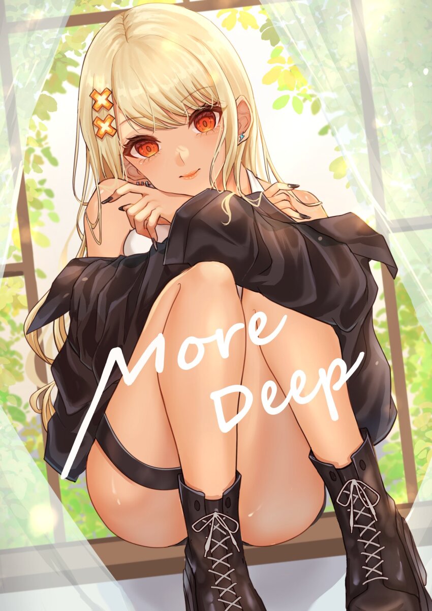 1girl, black_boots, black_jacket, black_nails, blonde_hair, boots, curtains, dutch_angle