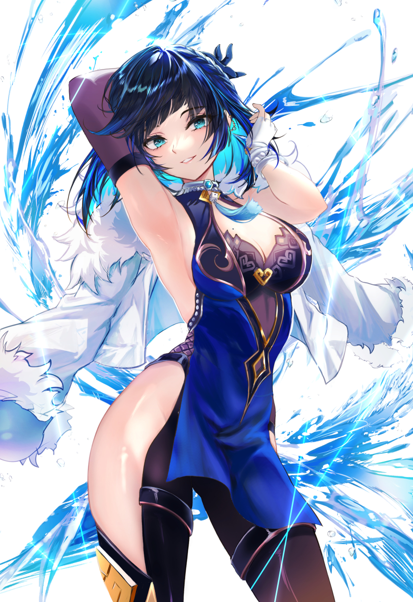 1girl, absurdres, arm_up, armpits, bare_shoulders, black_pants, blue_eyes, blue_hair