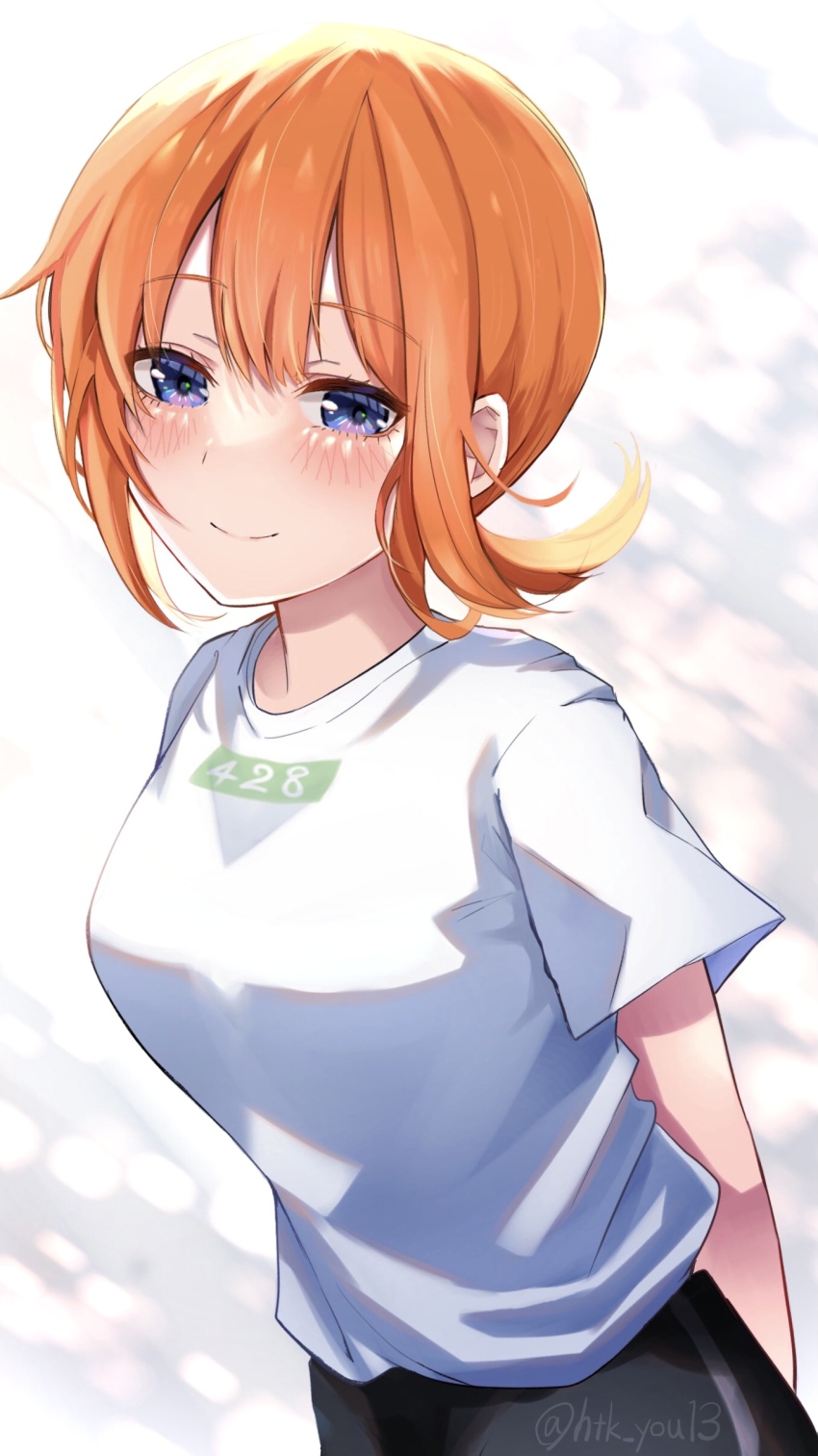 1girl, absurdres, alternate_hairstyle, arms_behind_back, blue_eyes, blush, breasts, closed_mouth
