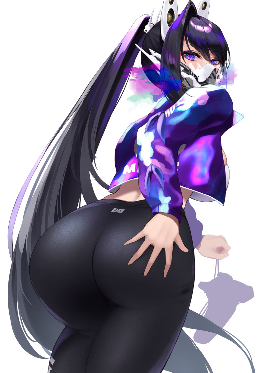 1girl, absurdres, ass, bare_arms, black_hair, black_mask, blue_eyes, colored_inner_hair