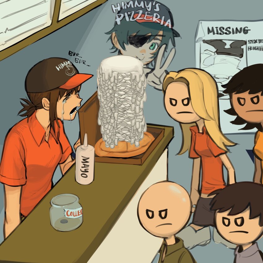 2boys, 4girls, bald, baseball_cap, blonde_hair, brown_eyes, brown_hair, chainsaw_man, crying, crying_with_eyes_open, drooling, food, hat, higashiyama_kobeni, highres, himeno_(chainsaw_man), jar, liowig, long_hair, mayonnaise, multiple_boys, multiple_girls, orange_shirt, papa's_gameria, pizza, polo_shirt, ponytail, shirt, shop, short_hair, short_ponytail, single_sidelock, tears