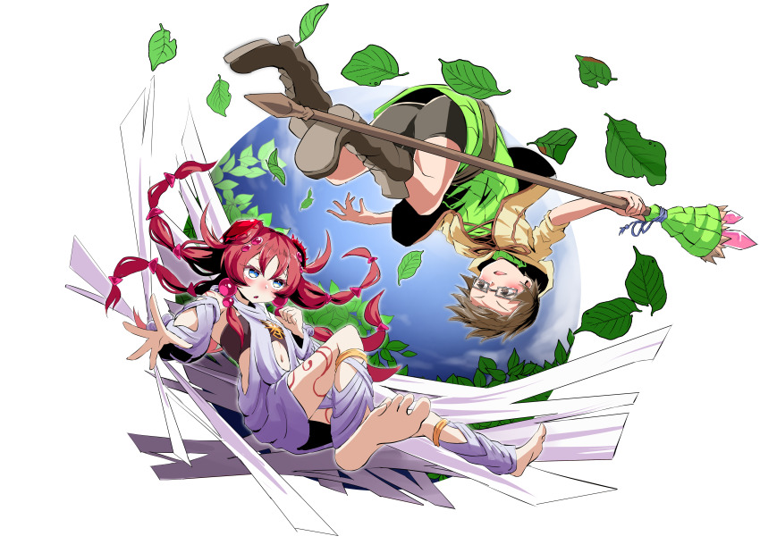 2girls, absurdres, aussa_(yu-gi-oh!), aussa_the_earth_charmer_immovable, barefoot, bike_shorts, blue_eyes, body_markings, boots, braid, brown_eyes, brown_hair, dress, duel_monster, glasses, green_dress, highres, jacket, leaf, multiple_girls, open_mouth, red_hair, staff, tomiyama_mishiro, traptrix_atypus, upside-down, white_background, white_dress, yellow_jacket, yu-gi-oh!