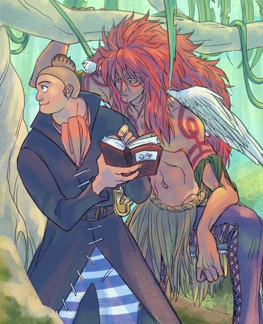 2boys, absurdres, ascot, black_coat, book, buzz_cut, calgara, coat, cross-laced_pants, curious, dark-skinned_male, dark_skin, feet_out_of_frame, forest, highres, holding, holding_book, landeg, light_brown_hair, long_sleeves, looking_to_the_side, male_focus, montblanc_noland, multiple_boys, nature, navel, one_piece, open_book, orange_hair, short_hair, tattoo, topless_male, tribal, tribal_tattoo, very_short_hair