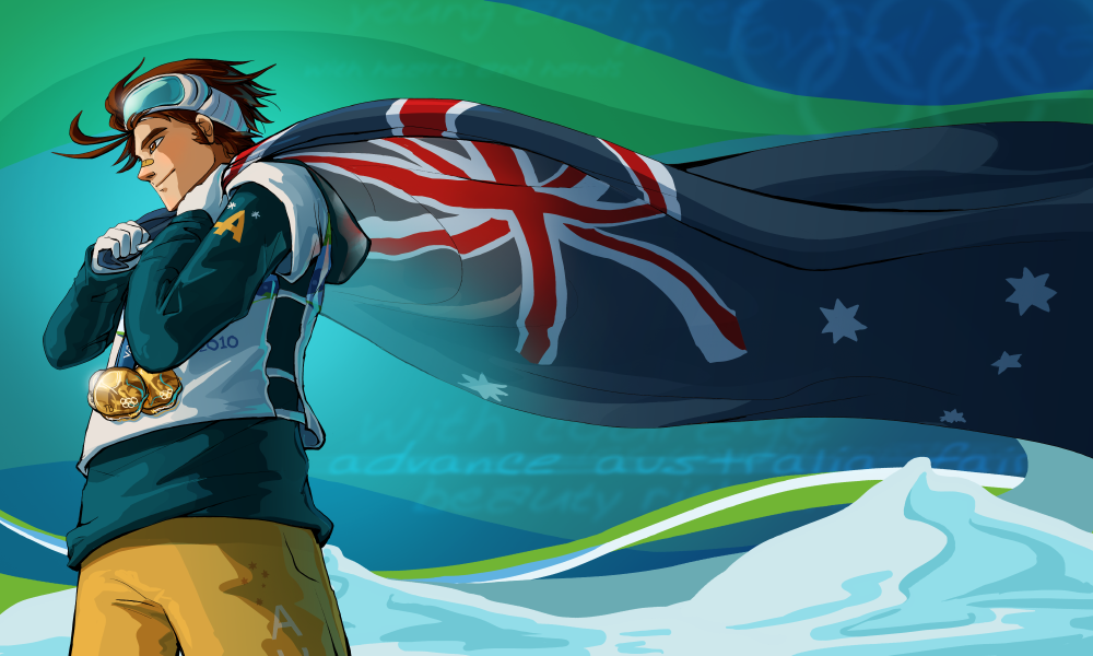 1boy, 2010_winter_olympics, alternate_costume, australia_(hetalia), australian_flag, axis_powers_hetalia, bandaid, brown_eyes, brown_hair, clothes_writing, flag, gloves, goggles, goggles_on_head, male_focus, medal, olympics, scrii, snow, solo, sportswear, text_focus, winter_olympics