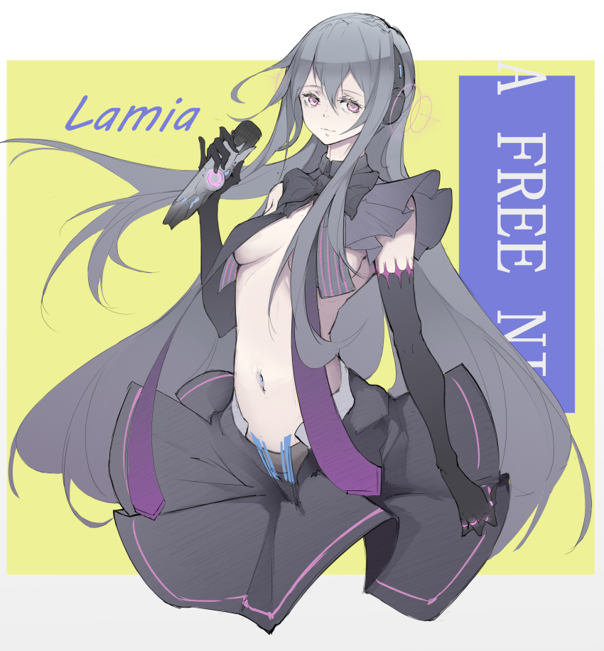 1girl, absurdres, alternate_costume, bags_under_eyes, black_hair, black_skirt, breast_curtains, cdlo