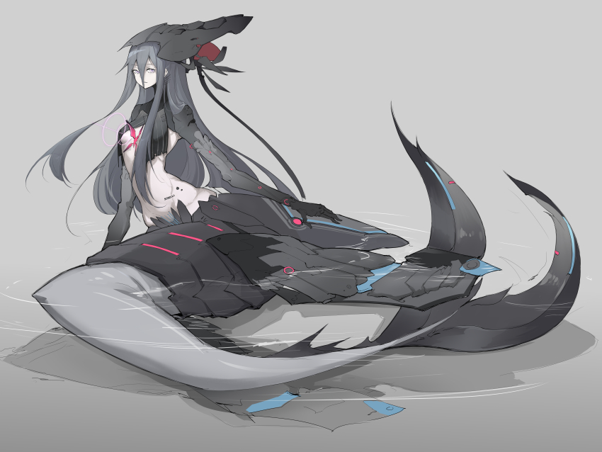 1girl, absurdres, black_hair, breast_curtains, cdlo, grey_background, grey_tail, headgear