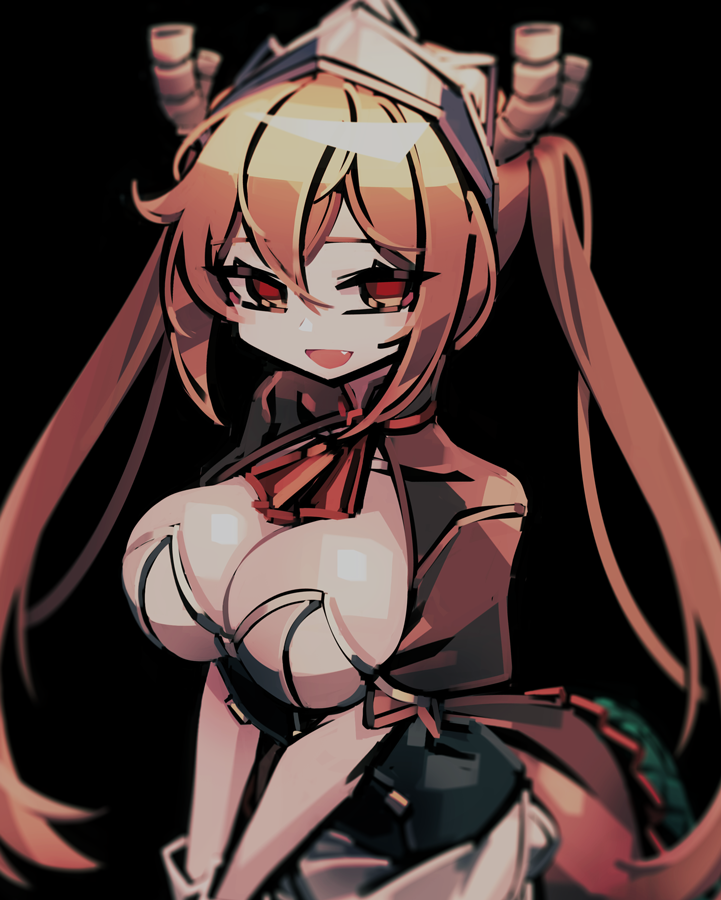1girl, :d, apron, arched_back, ascot, black_background, black_corset, blonde_hair, blurry, breasts, brown_skirt, brown_sleeves, cleavage, collarbone, commentary, corset, cosplay, covered_collarbone, dragon_girl, dragon_horns, dragon_tail, fang, gloves, hair_between_eyes, hair_ornament, horns, kobayashi-san_chi_no_maidragon, large_breasts, leaning_forward, long_hair, looking_at_viewer, makaroll, no_pupils, open_mouth, phantom_rose, puffy_short_sleeves, puffy_sleeves, red_ascot, red_eyes, reina_(phantom_rose), reina_(phantom_rose)_(cosplay), short_sleeves, shrug_(clothing), sidelocks, simple_background, skirt, smile, solo, tail, tohru_(maidragon), twintails, upper_body, v_arms, very_long_hair, waist_apron, white_apron, white_gloves