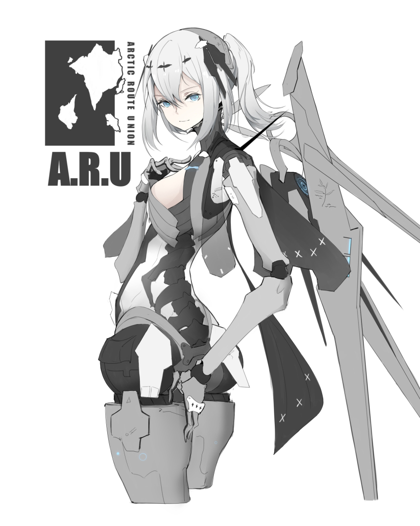 1girl, aqua_eyes, cdlo, closed_mouth, grey_hair, hair_between_eyes, hair_ornament, headgear