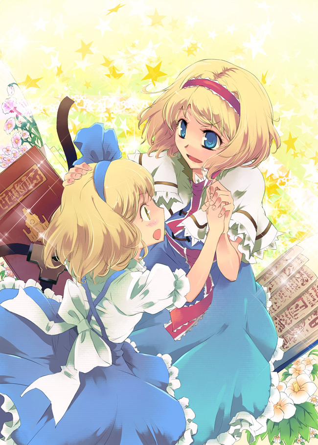 2girls, alice_margatroid, alice_margatroid_(pc-98), blonde_hair, blue_eyes, book, bow, dress