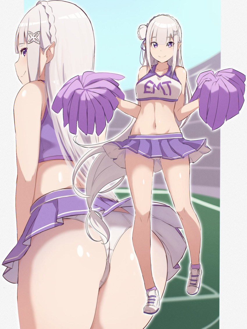 1girl, absurdres, ass, braid, breasts, cheerleader, crown_braid, day, elf, emilia_(re:zero), flower, from_behind, hair_flower, hair_ornament, highres, holding, holding_pom_poms, long_hair, looking_at_viewer, medium_breasts, navel, outdoors, panties, pointy_ears, pom_pom_(cheerleading), pom_poms, purple_eyes, re:zero_kara_hajimeru_isekai_seikatsu, rose, solo, underwear, upskirt, white_flower, white_hair, white_panties, white_rose, x_hair_ornament, zerobarto