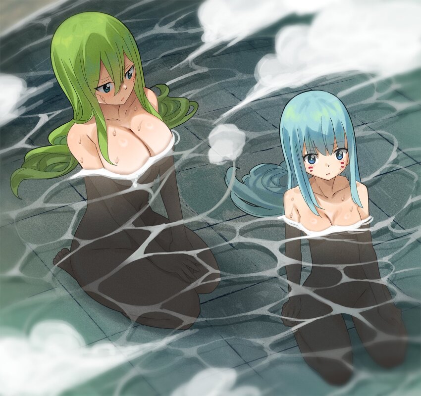 2girls, breasts, cleavage, colorized, eden's_zero, gaston18, green_eyes, green_hair