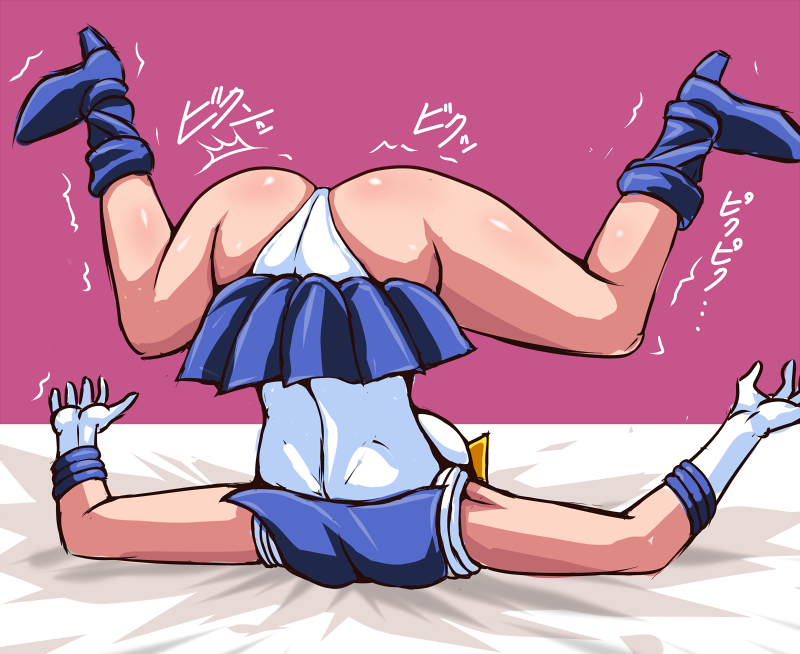 1girl, ass, bishoujo_senshi_sailor_moon, breasts, defeat, dress, inugami-ke_no_ichizoku_pose, large_breasts, leotard, magical_girl, pink_background, sailor_dress, sailor_uranus, simple_background, taroimo_(00120014), ten'ou_haruka, top-down_bottom-up, upside-down, upskirt, white_leotard