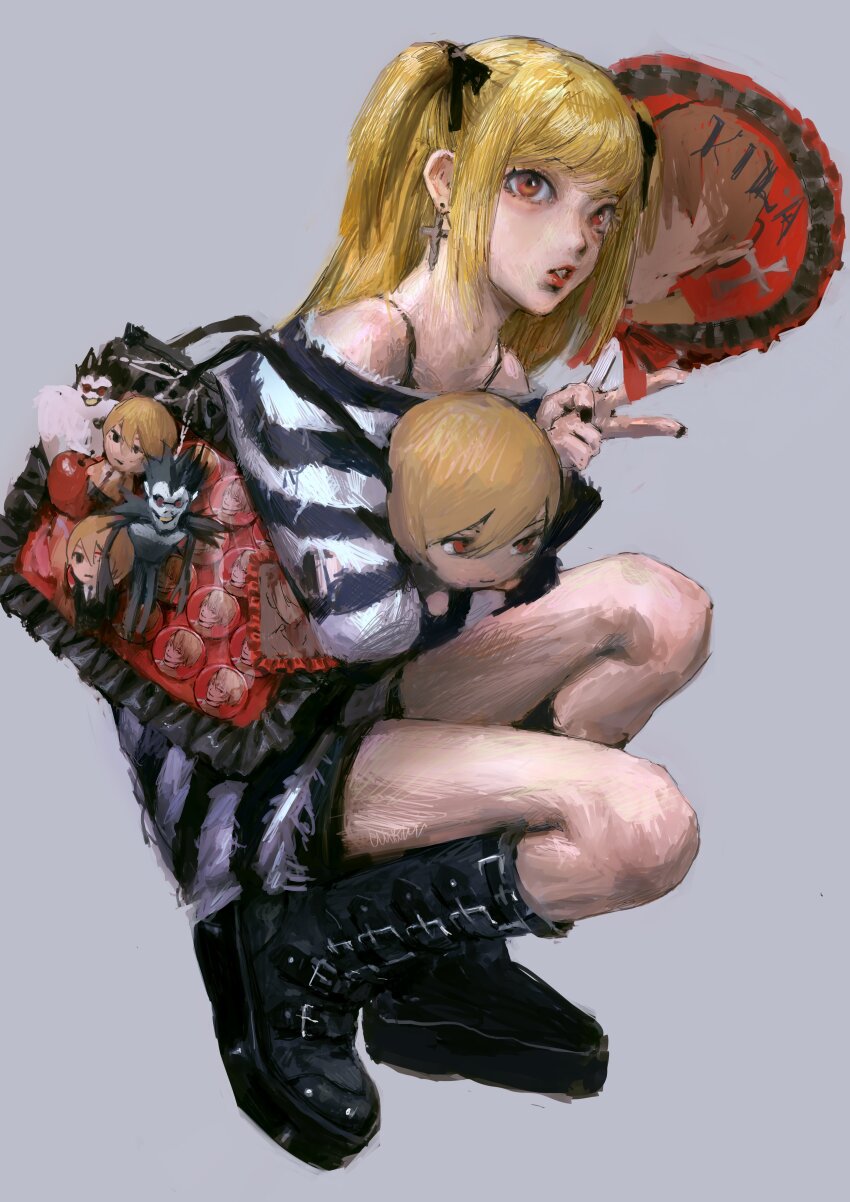 1girl, absurdres, amane_misa, apple, black_footwear, blonde_hair, boots, character_doll, charm_(object), cross, cross_earrings, death_note, doll, earrings, food, fruit, full_body, goth_fashion, grey_background, hatena_(nazequestion), highres, jewelry, lipstick, makeup, oshikatsu, otaku, pin, red_eyes, ryuk, simple_background, stuffed_toy, yagami_light