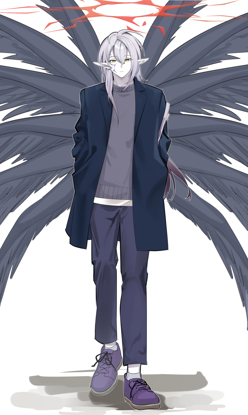 1boy, absurdres, alternate_costume, casual, colored_skin, duel_monster, facial_tattoo, halo