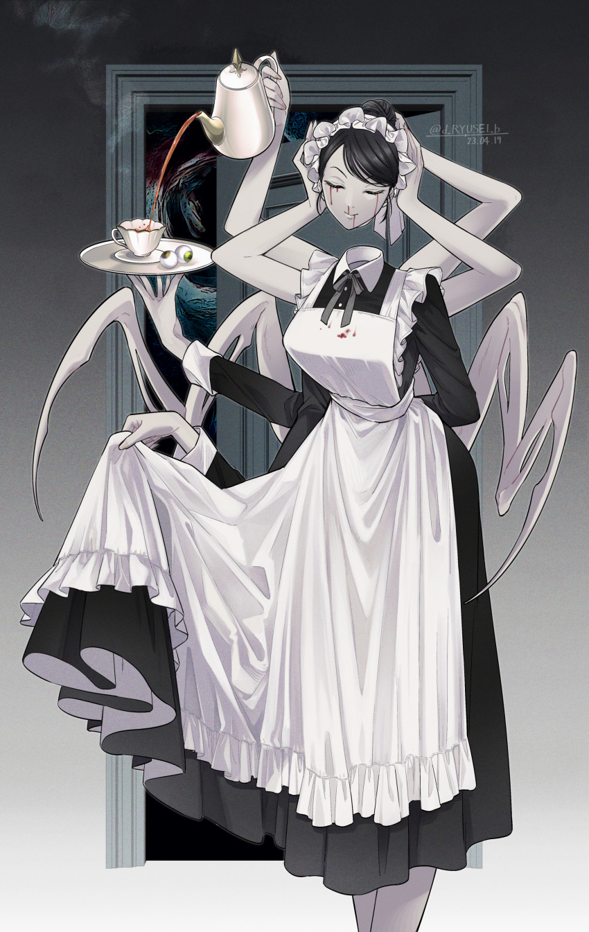 1girl, absurdres, alternate_costume, apron, arthropod_limbs, black_dress, black_hair, blood, blood_from_mouth, blood_on_clothes, blood_on_face, bloody_tears, chainsaw_man, closed_eyes, closed_mouth, collared_dress, colored_skin, commentary_request, dated, disembodied_head, door, dress, enmaided, extra_arms, falling_devil_(chainsaw_man), grey_ribbon, grey_skin, hair_bun, highres, holding, holding_detached_head, maid, maid_apron, maid_headdress, neck_ribbon, ribbon, ryusei_(ryusei_b), short_hair, single_hair_bun, smile, solo, swept_bangs, twitter_username, white_apron